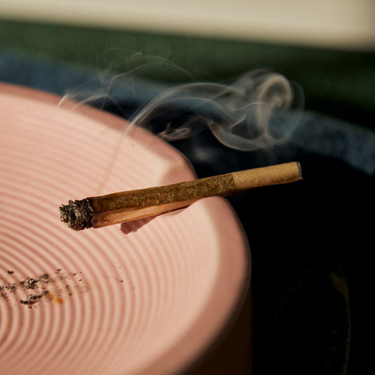 CBD joint burning in a salmon-colored ashtray