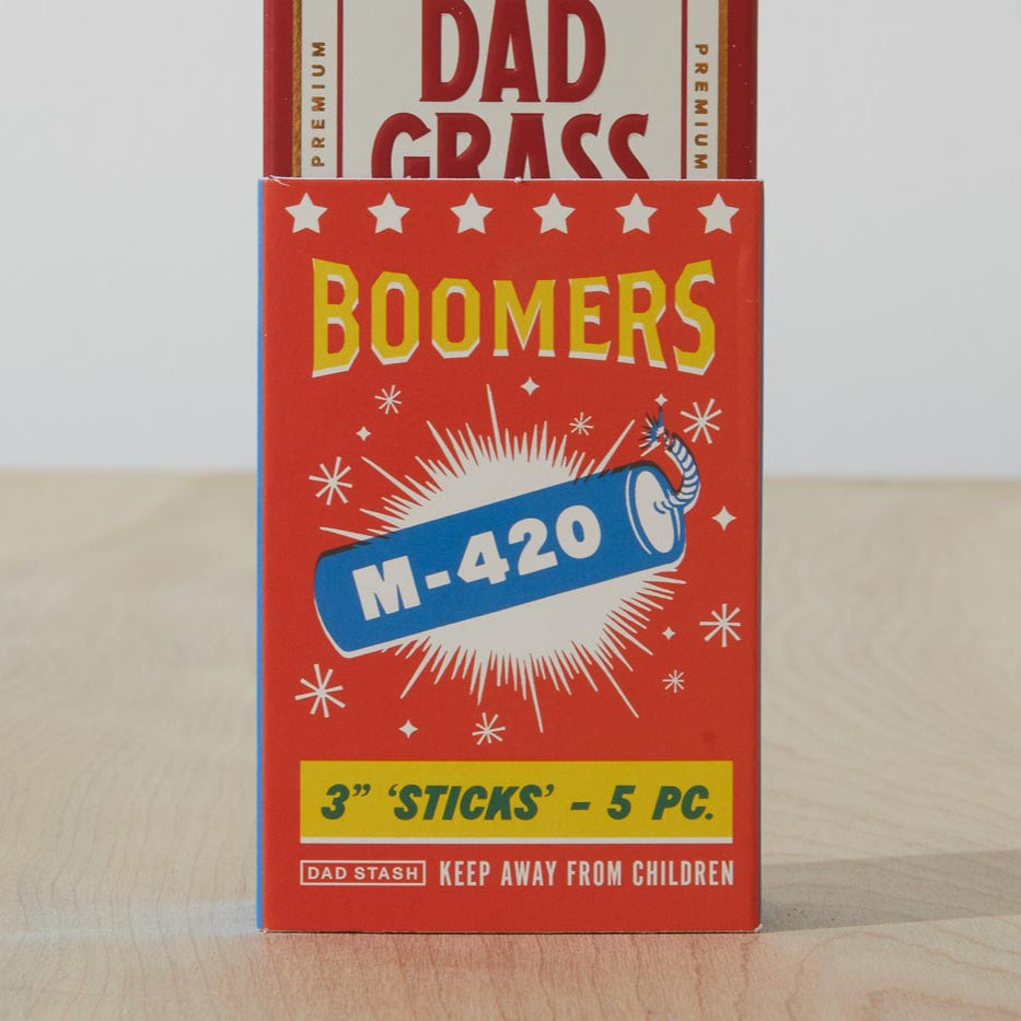 Dad Grass 5 pack hemp CBD pre rolls coming out of Boomers firework pack