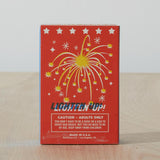 Dad Grass 5 pack hemp CBD pre rolls in Boomers firework sleeve back view with "LIGHTEN UP" written on it