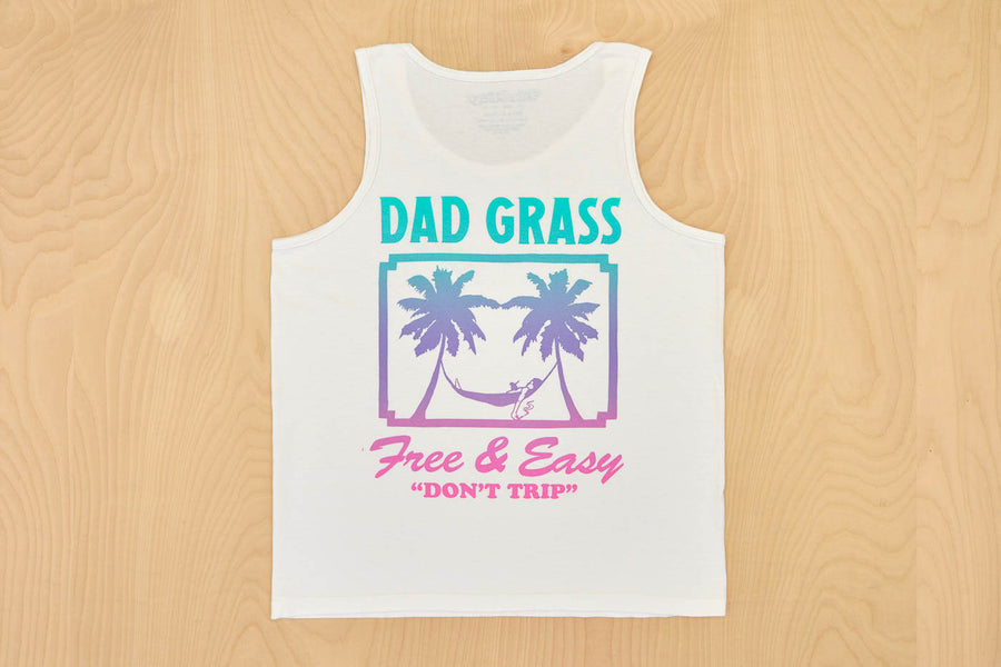 Dad Grass x Free & Easy Summer 2021 White Unisex tank top back view on wooden table