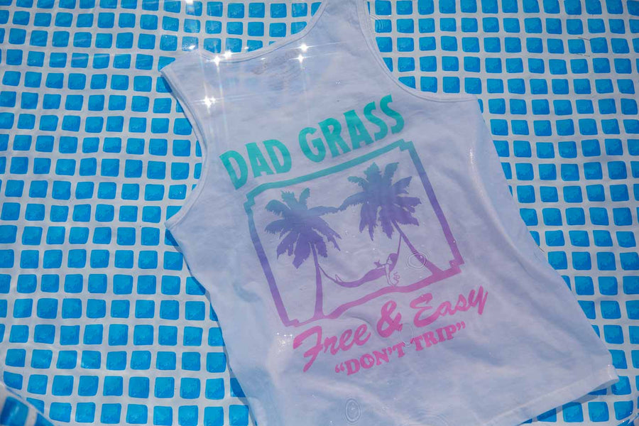 Dad Grass x Free & Easy Summer 2021 White Unisex tank top front view in the pool