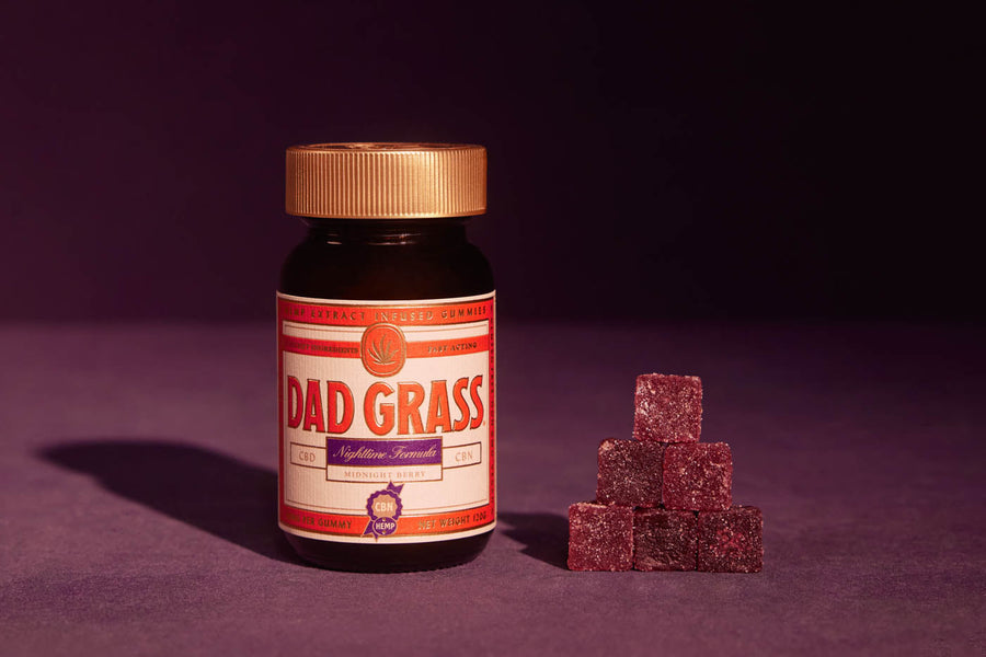  Dad Grass Nighttime Formula CBD + CBN Gummies Bottle With Gummy Cubes