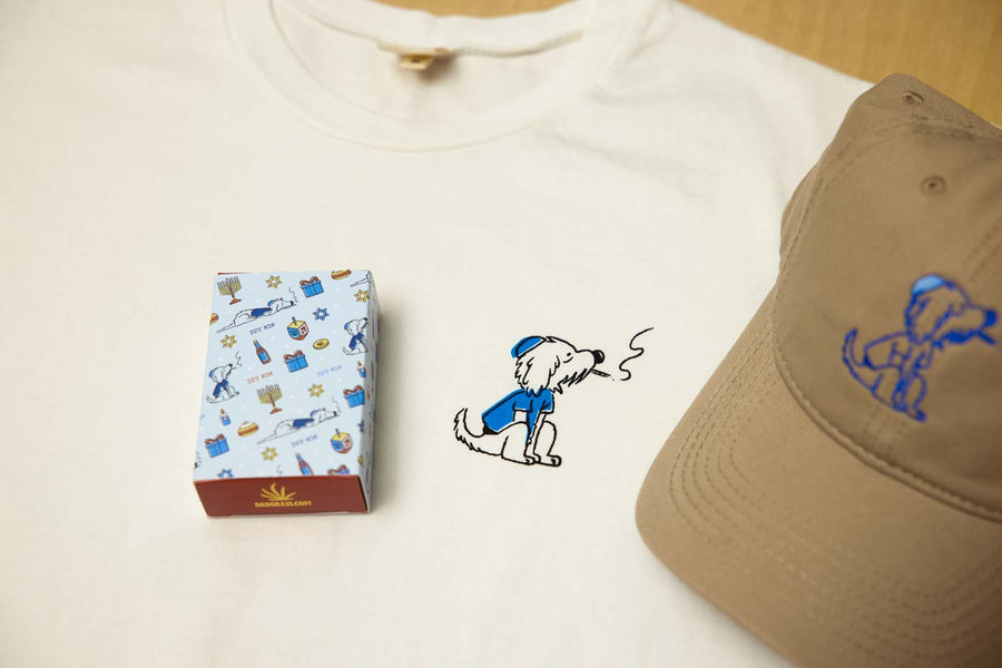 Dad Grass Rabbi Rollie Tee With Chanukah Dad Grass CBD Pre Roll Joins Pack And Rabbi Rollie Dad Hat