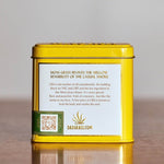 Mom Grass CBG Hemp Flower In A Yellow Tin Back View