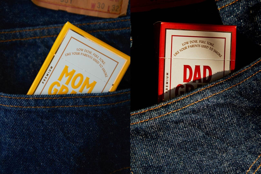 Mom Grass hemp cbg preroll 5 pack and Dad Grass hemp cbd preroll 5 pack in Levi jeans back pocket