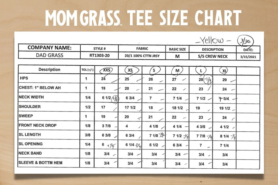 Size chart for Mom Grass Tee shirt