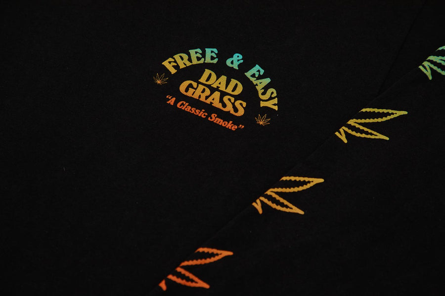 Unisex Black LS Tee With Dad Grass x Free & Easy And Hemp Leaves Printed On It Close Up