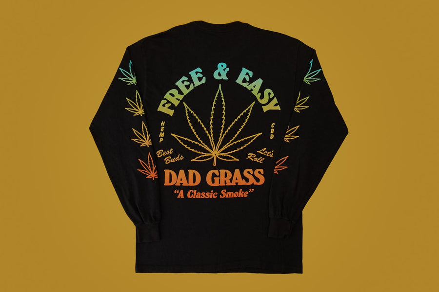 Unisex Black LS Tee With Dad Grass x Free & Easy And Hemp Leaves Printed On It Back View