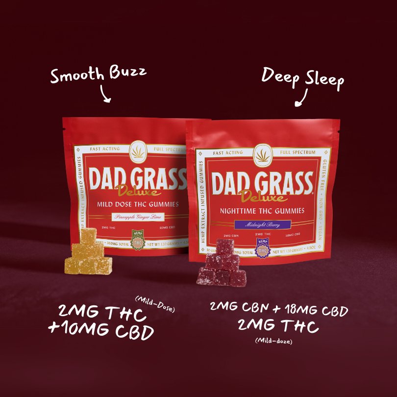 2 pack of Dad Grass THC gummies: Mild dose and Nighttime THC gummies