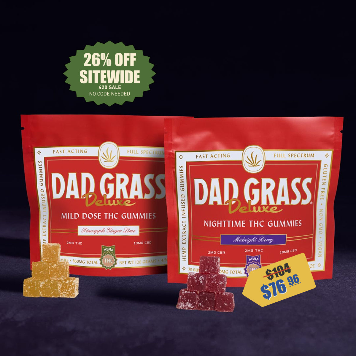 Dad Grass Deluxe THC Gummies Duo: Mild Buzz & Sweet Dreams
