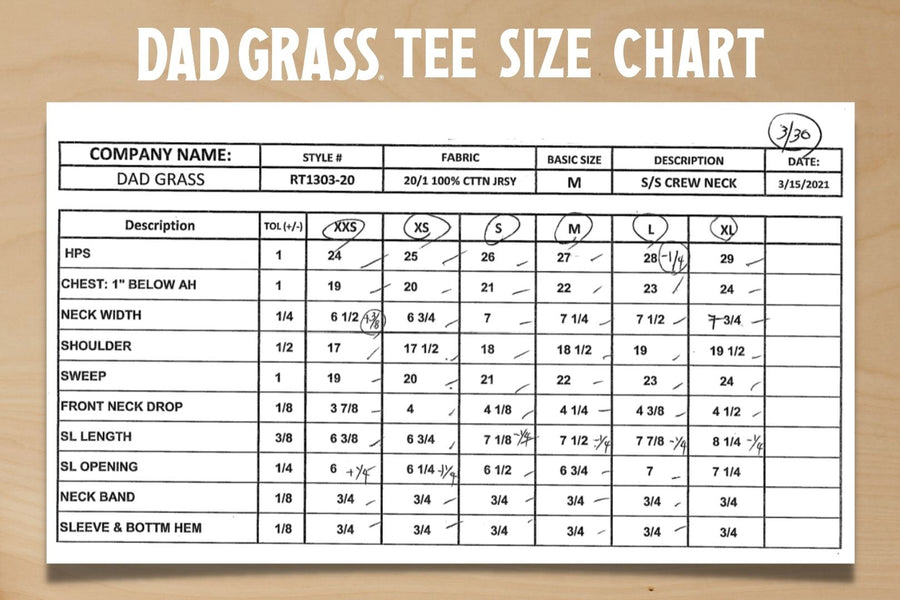Dad Grass Tee Shirt size chart