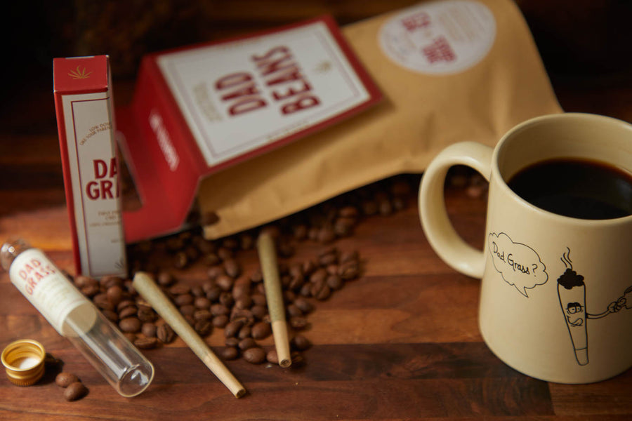 Dad Grass x Yes Plz Coffee beans bag with hemp cbd joints and coffee filled mug