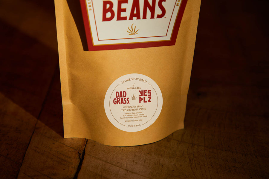 Closeup view of Dad Grass x Yes Plz Coffee beans bag