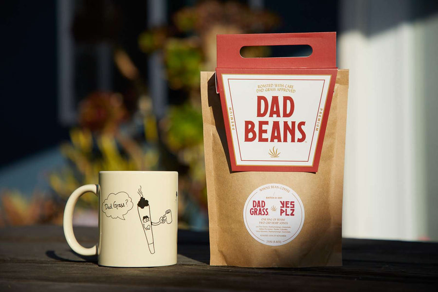 Dad Grass x Yes Plz coffee mug and Dad Grass x Yes Plz coffee beans