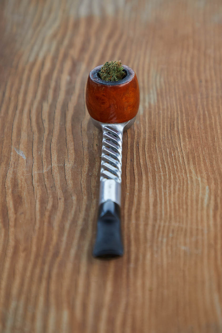 Dad Grass briar and aluminum turbo-flo smoking pipe with hemp CBD flower bottom view