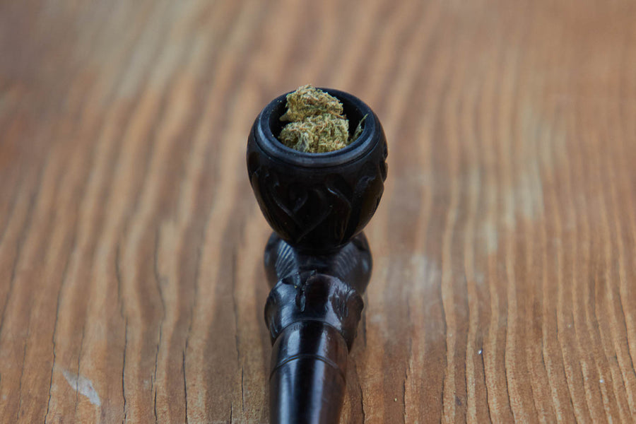 Dad Grass carved ebony vintage smoking pipe with hemp CBD flower