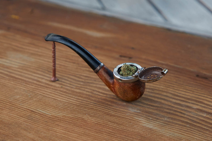 Dad Grass full bent vintage smoking pipe with hemp cbd flower on a nail