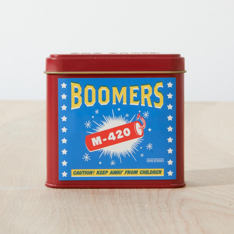 Dad Grass hemp CBD flower in Boomers firework tin can