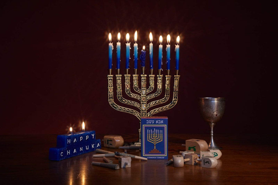 CBD Pre Roll Joints With Lighten Up Chanukah Candles, Happy Chanukah Sign and Glass
