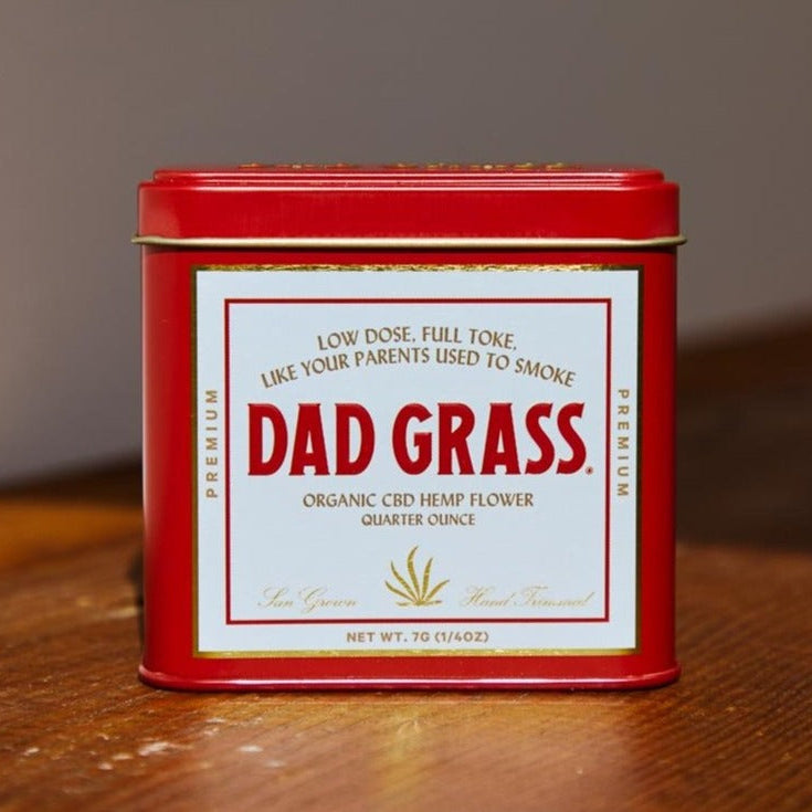 Dad Grass CBD Hemp Flower In A Red Tin