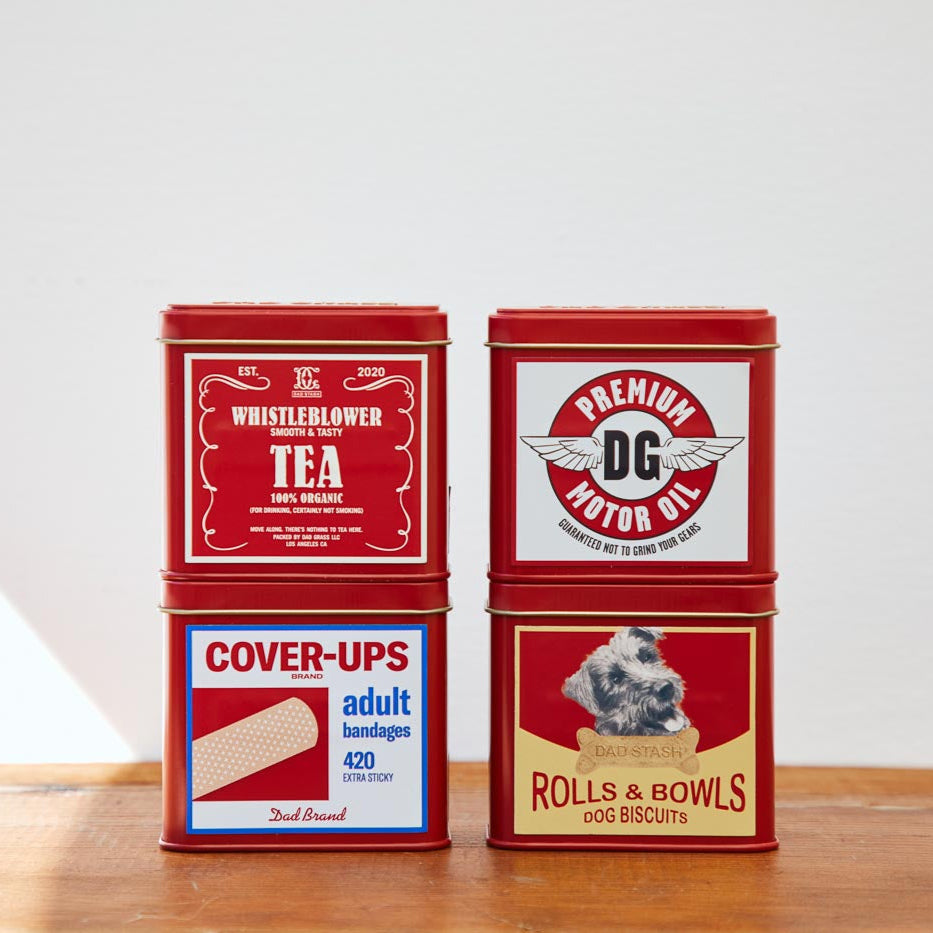 Dad Grass CBD Hemp Flower In A Red Tin With 4 Different Stash Packs