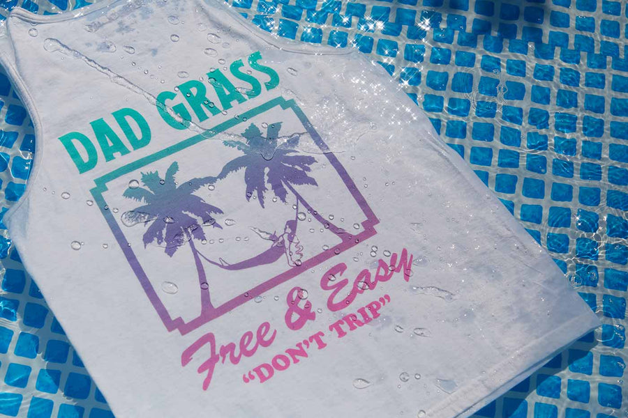 Dad Grass x Free & Easy Summer 2021 White Unisex tan top back view in the pool