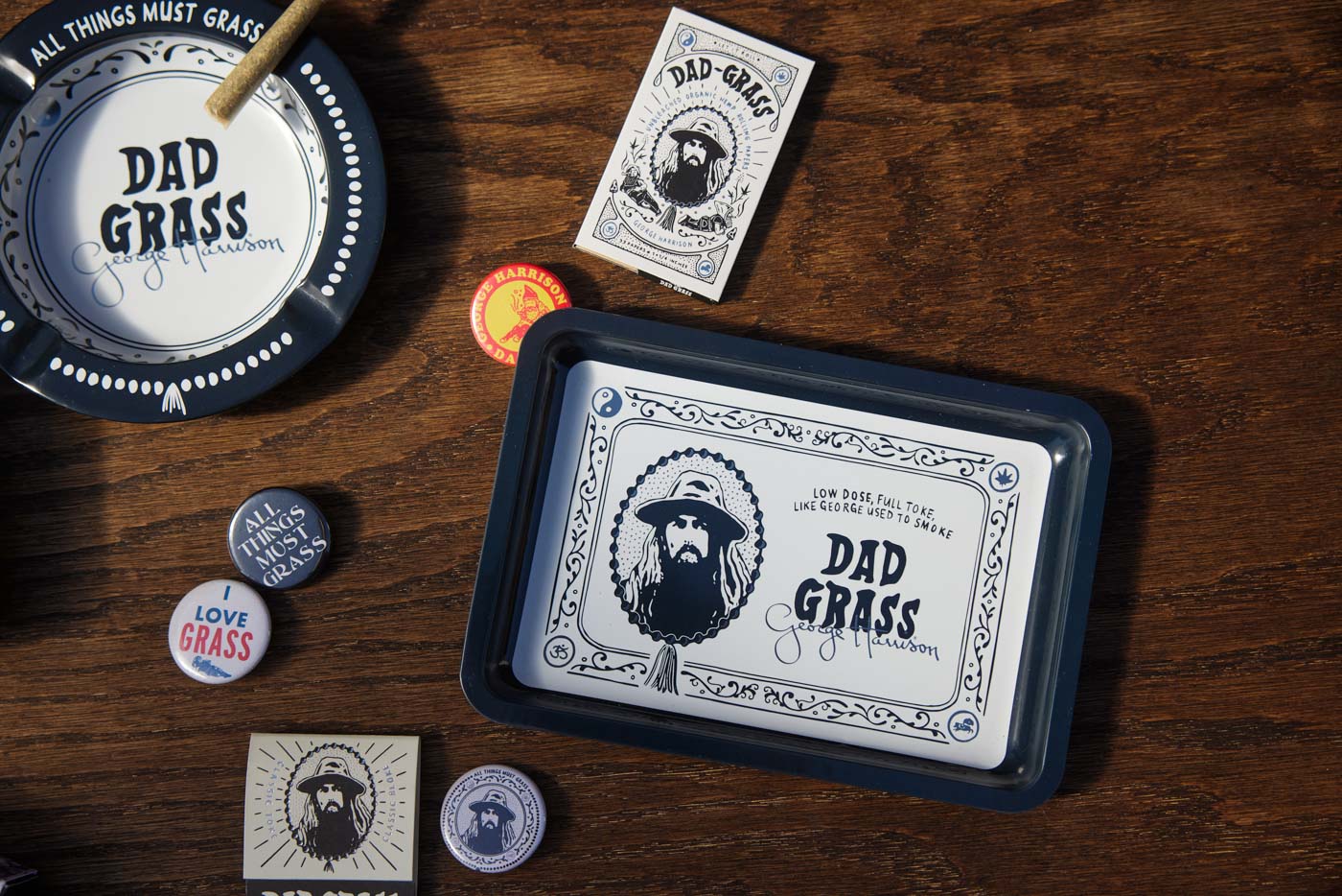 George Harrison Signature Rolling Tray, Ashtray, Bumper Sticker & Button Pins