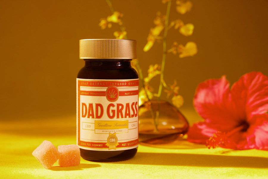 Hemp Extract Infused Dad Grass Goodtime Formula Gummies - Hibiscus Flower in the background
