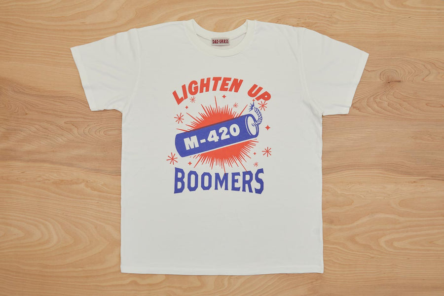 Dad Grass Boomers Tee Shirt with "LIGHTEN UP" "M-420" "BOOMERS" written on it