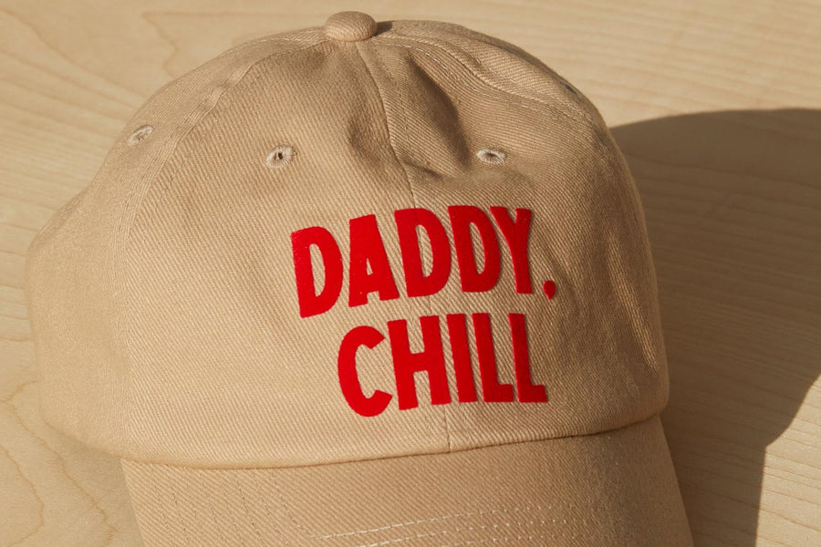 Dad Grass Pride 2021 ‘Daddy Chill’ tan dad hat, closeup view