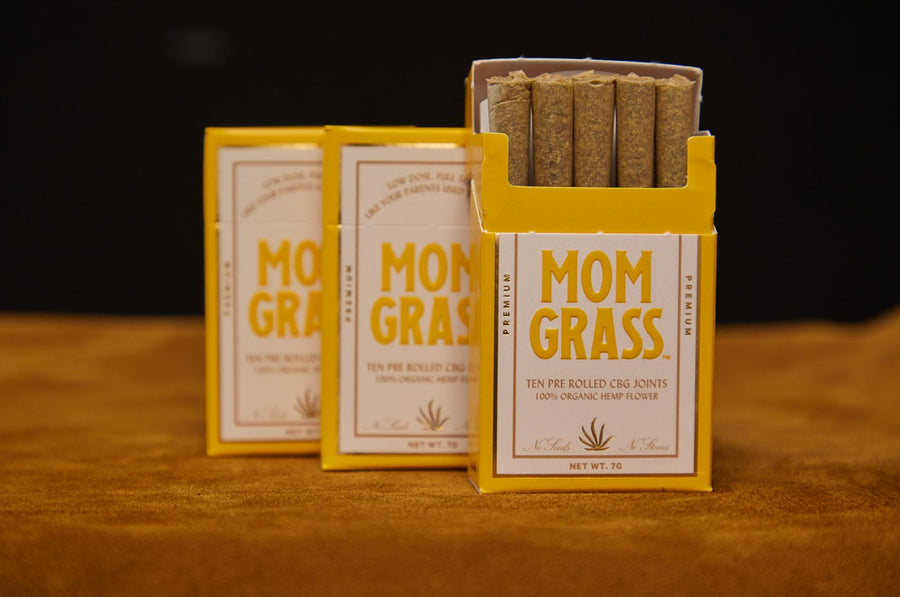 Three pack of 10 CBG Hemp Pre rolls in a Yellow Mom Grass box