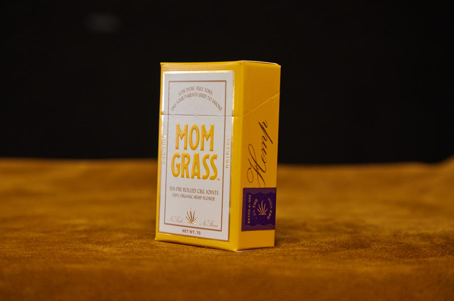 10 CBG Hemp Pre rolls in a Yellow Mom Grass pack side view