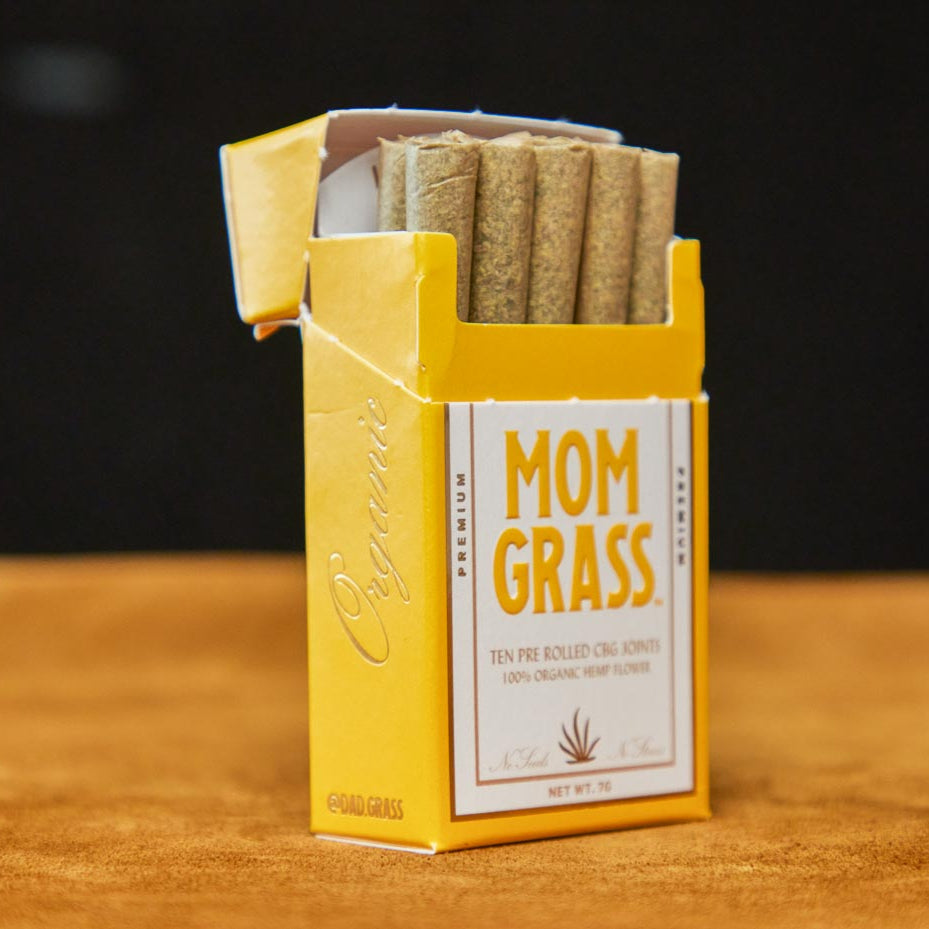 10 CBG Hemp Pre rolls in a Yellow Mom Grass pack