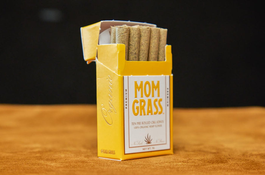 10 CBG Hemp Pre rolls in a Yellow Mom Grass pack