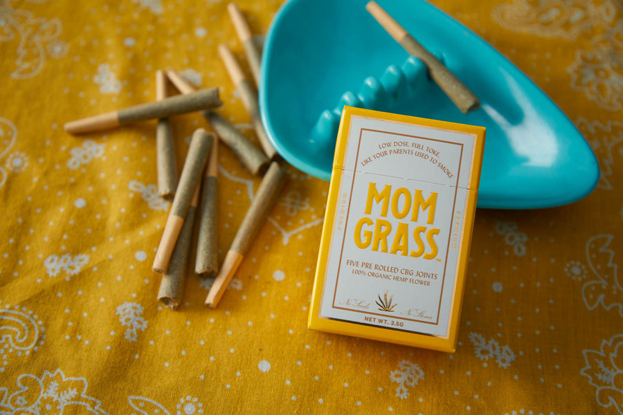 Mom Grass hemp cbg joints5 pack with cbg prerolls on ashtray