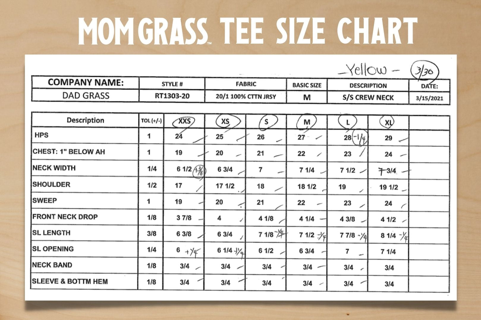 Size chart for Mom Grass Tee shirt