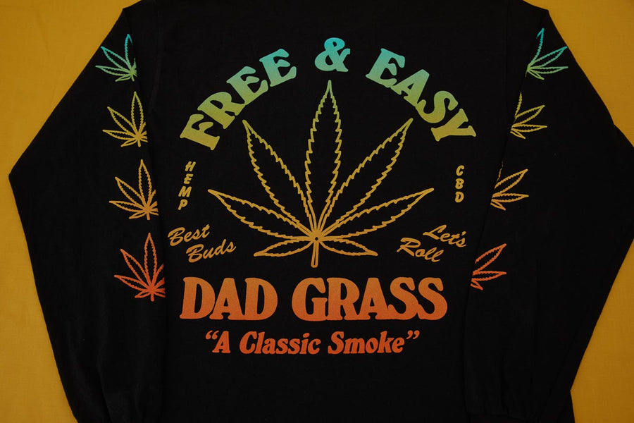 Unisex Black LS Tee With Dad Grass x Free & Easy And Hemp Leaves Printed On It Back View Close Up
